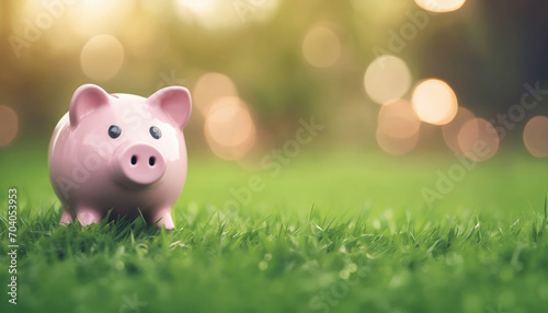 Konzept umweltbewusstes Sparen - Rosa Sparschwein auf grüner Wiese © schiers_images