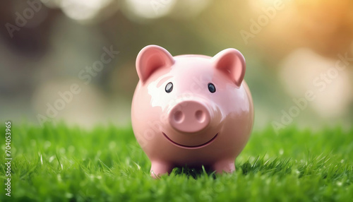 Konzept umweltbewusstes Sparen - Rosa Sparschwein auf grüner Wiese