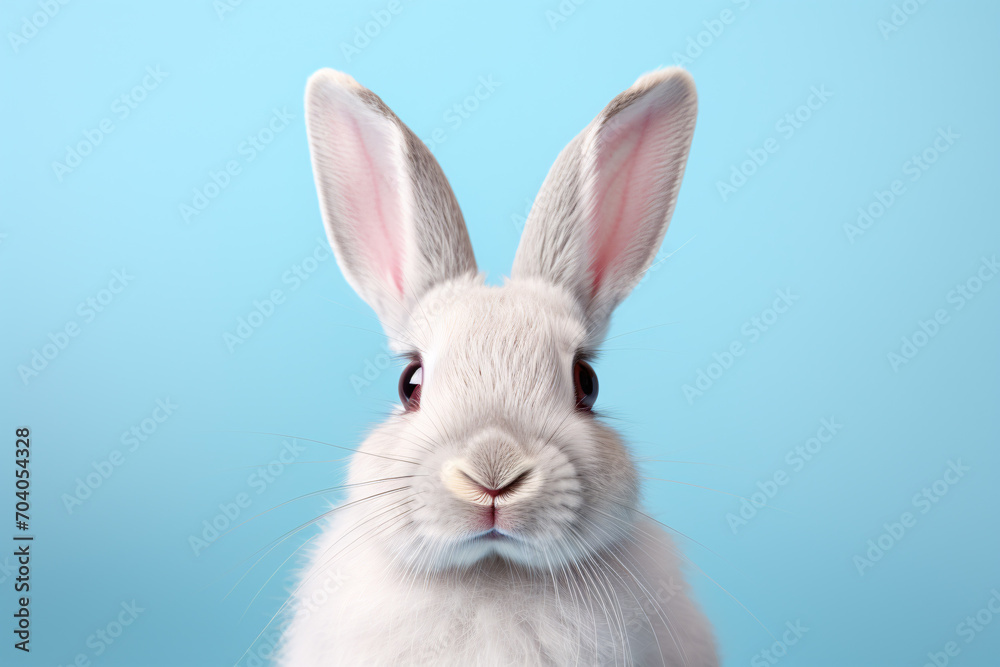 Cute bunny in front of blue studio background