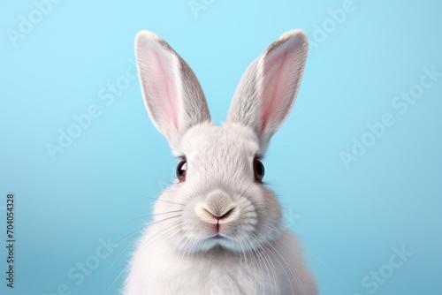 Cute bunny in front of blue studio background