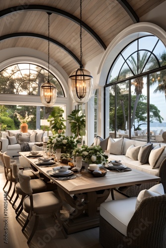 Elegant Coastal Dining Room With Vaulted Ceiling