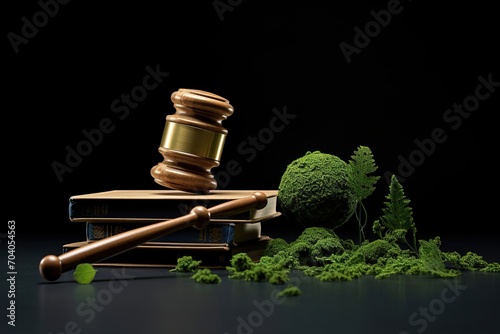Gavel and books with moss and leaves photo