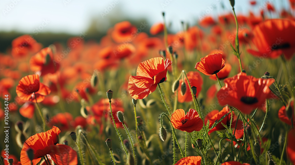 Obraz premium poppy field with vivid red flowers blooming on a sunny day