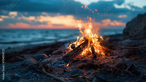 Fire Burning on Beach by Ocean, A Scenic Evening Gathering Around a Warm Bonfire