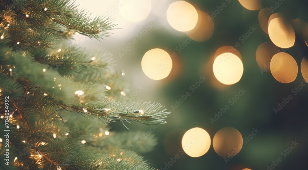 Close-up of a Christmas tree with blurred lights in the background Close-up of a Christmas tree with blurred lights in the background