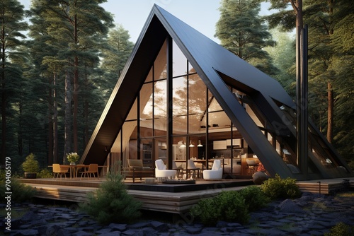 Modern A-frame cabin in the woods