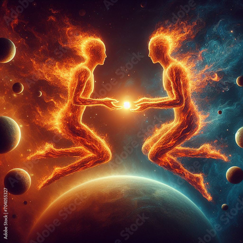 Twin flame couple. Soulmates. The concept of magical, esoteric, tantric, spiritual love. Connection between souls. Illustration for websites and much more. Created using generative ai tools. photo