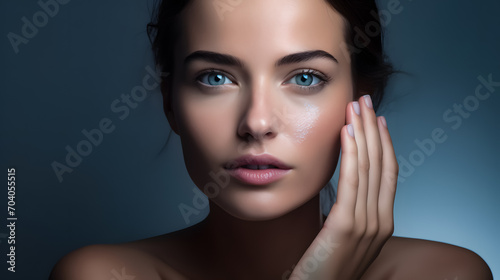 Close-up of a beautiful woman s face  showing a flawless complexion achieved through a consistent and effective skincare routine