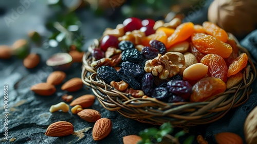 Mix of dried fruits and nuts in a basket on a dark background.