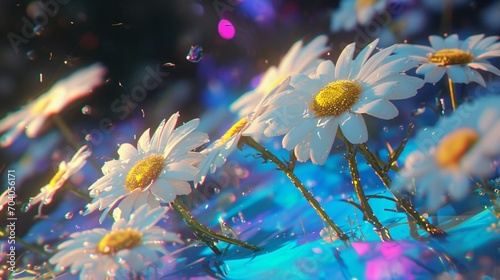 flower in the sky, Explore the beauty of cyberpunk aesthetics entwined with the delicacy of watercolor as daisies come to life in a hyper-realistic masterpiece