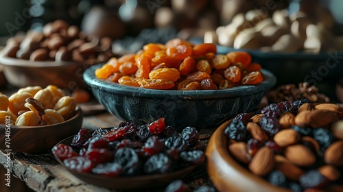 Mix dried fruits and nuts in bowls on a wooden table, closeup