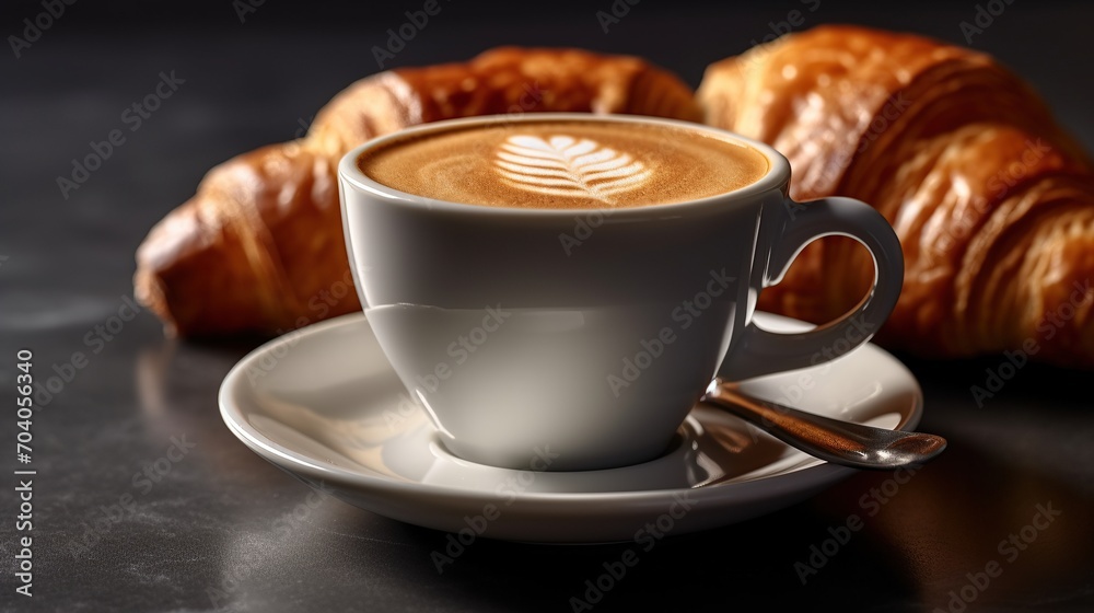 A cup of aromatic coffee with a croissant A cup of aromatic coffee with a croissant