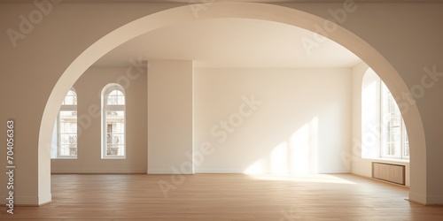 Light interior design with an arch instead of a door and beige walls.