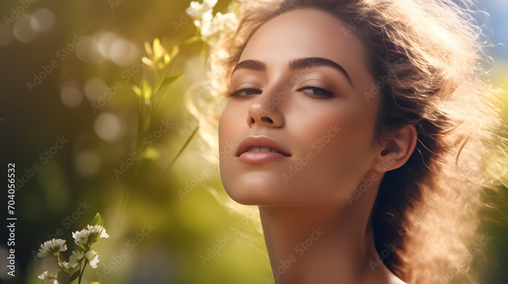 close-up of the face of a beautiful woman with the perfect complexion thanks to a skin care routine on a green natural background