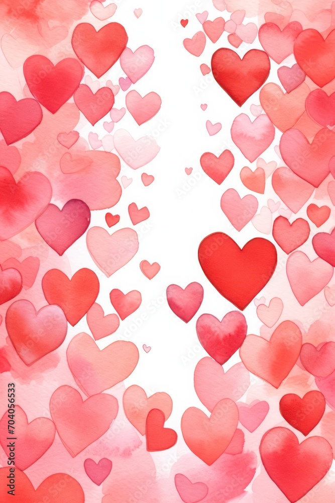red and pink hearts watercolor illustration romantic vertical postcard for valentines day. February 14 card. 