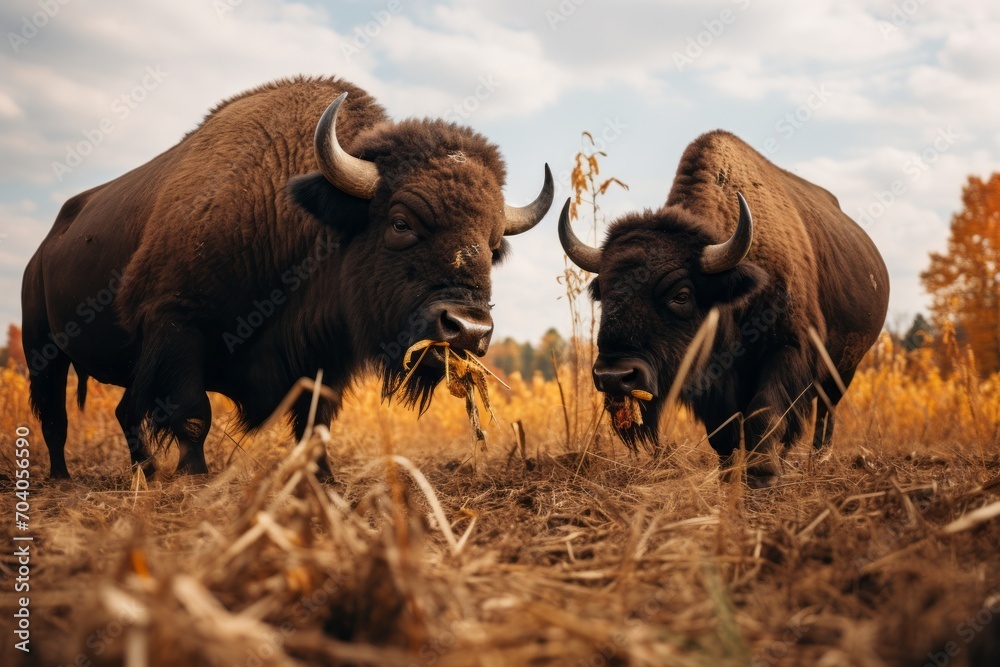 two american buffaloes eating grass in the pastures two american buffaloes eating grass in the pastures