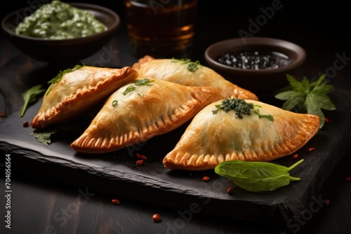 spinach Argentinian empanadas on black stone plate with sauce. Vegetarian meal of Latin American hispanic cuisine. 