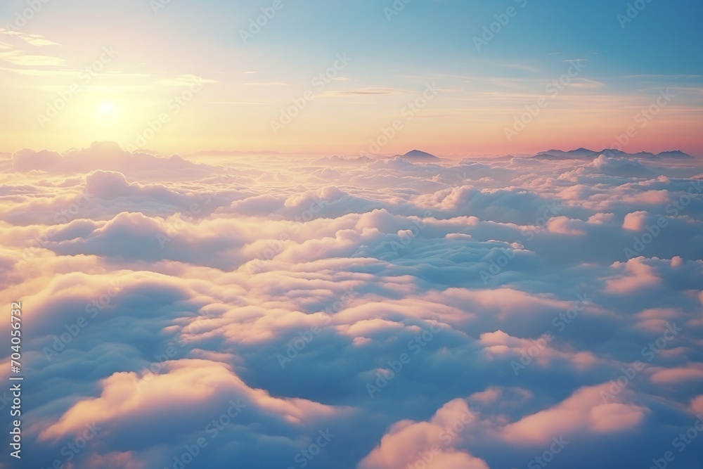 peaks showing above a a sea of clouds at sunset sky with sun hiding in the horizon