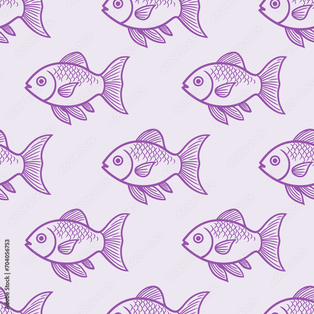 Swimming fish seamless wallpaper purple pattern with background for crafts, scrapbooking, textiles, art projects.