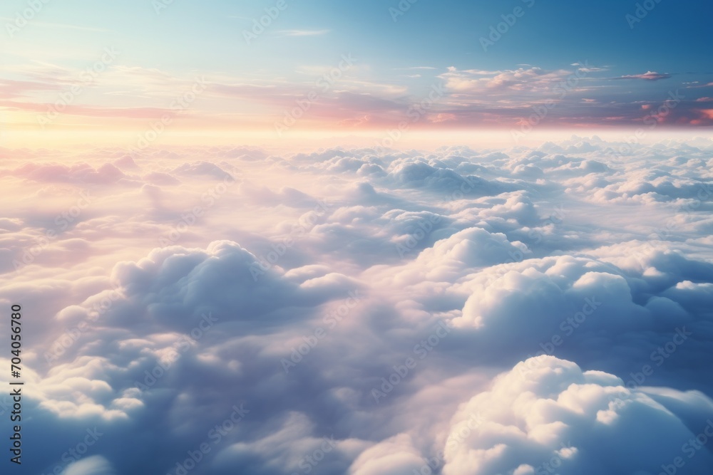 a sea of clouds at sunset sky with sun hiding in the horizon
