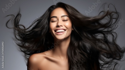 Closeup photo portrait of a beautiful young asian indian female model woman shaking her beautiful hair in motion