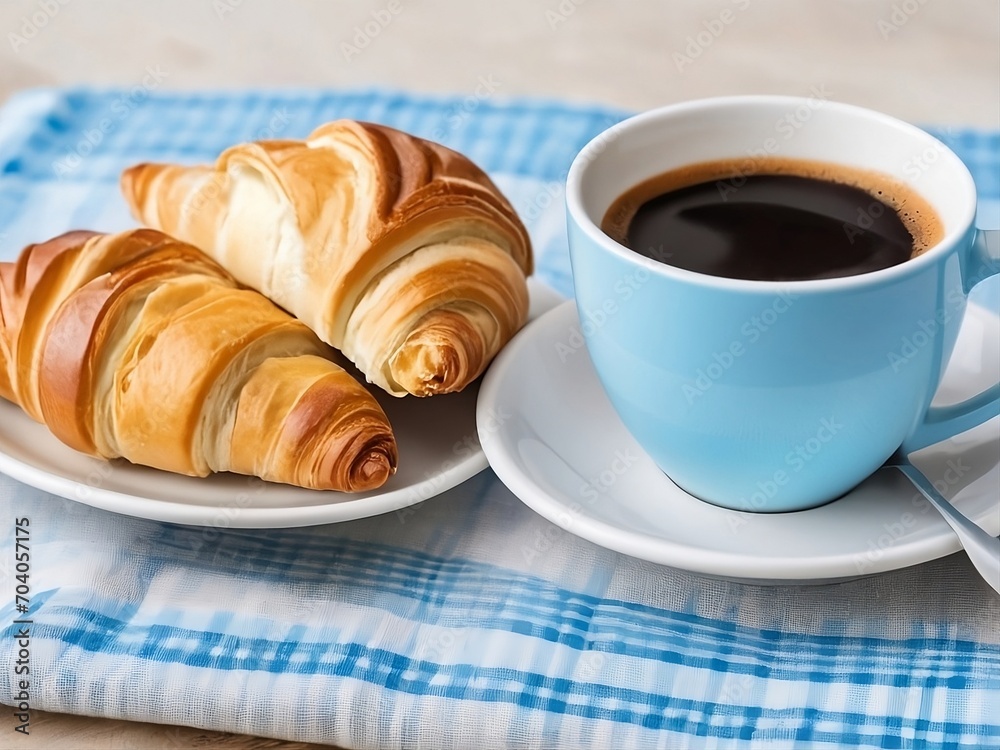 Cup of coffee and croissant on a table