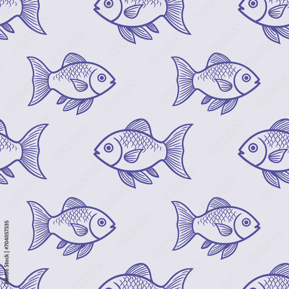 Swimming fish seamless wallpaper blue pattern with background for crafts, scrapbooking, textiles, art projects.