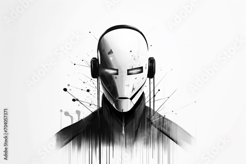 Sci-fi, technology concept. Advanced artificial intelligence humanoid robot portrait. Minimalist black and white humanoid robot portrait illustration