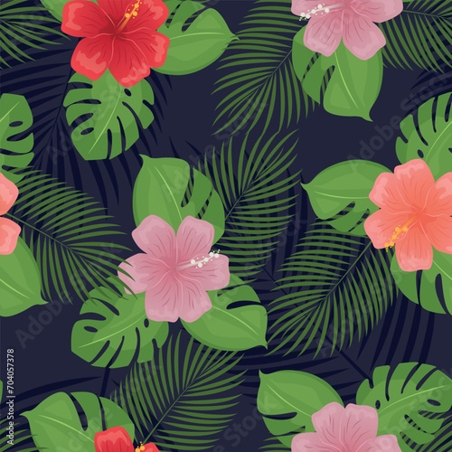 Fototapeta Naklejka Na Ścianę i Meble -  Beautiful seamless Summer Vacation pattern on dark blue background. Summer plants, vector hand drawn style, Design for fashion, fabric, textile, and prints. Seamless pattern in swatches.