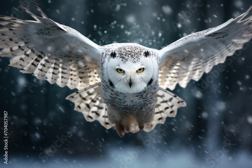an owl flying in the snow in winter