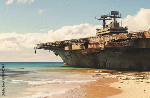 Abandoned Rusting Aircraft Carrier On A Desolate Beach