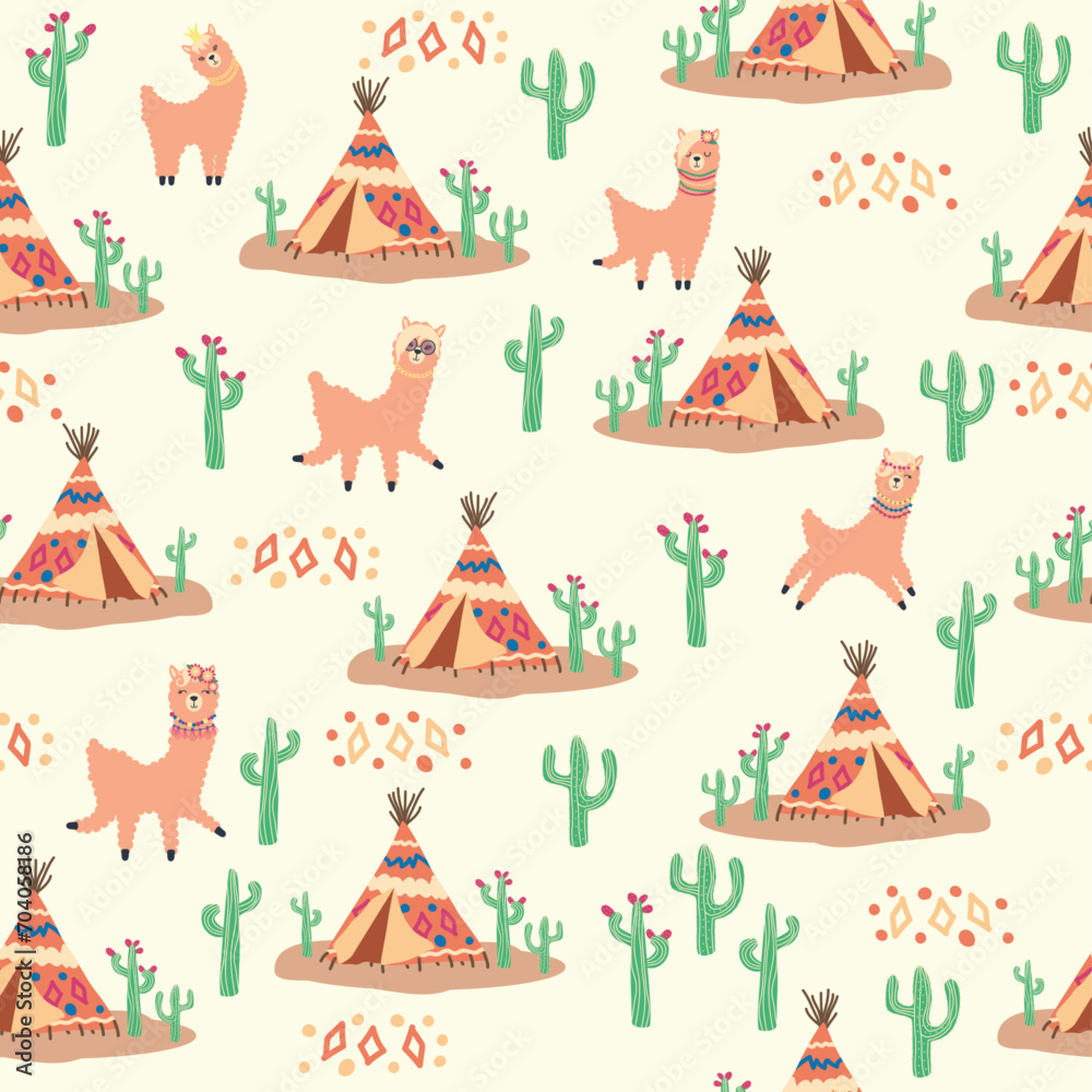Cute pattern with llamas, cacti, Alps mountains, dream catcher, rainbows and hearts. Children s room design
