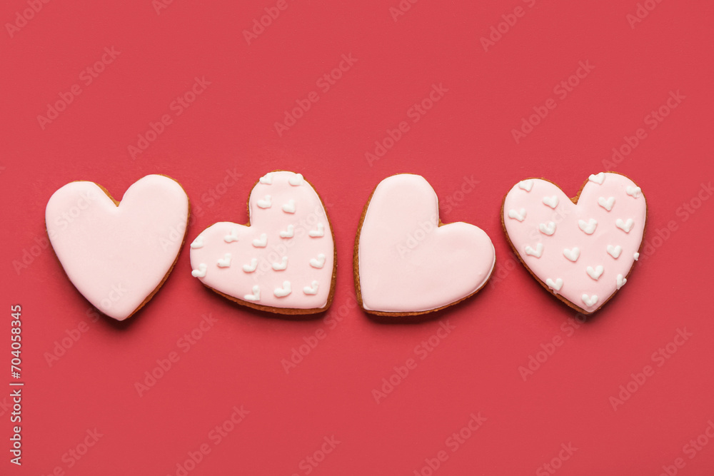 Heart shaped sweet cookies on red background. Valentine's day celebration Heart shaped sweet cookies on red background. Valentine's day celebration