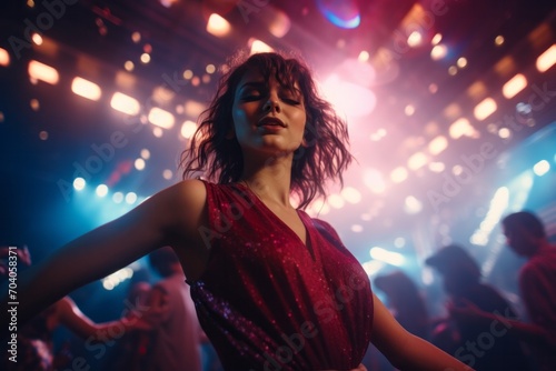 a young woman dancing under the lights in the disco