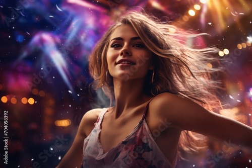 a young woman dancing under the lights in the disco