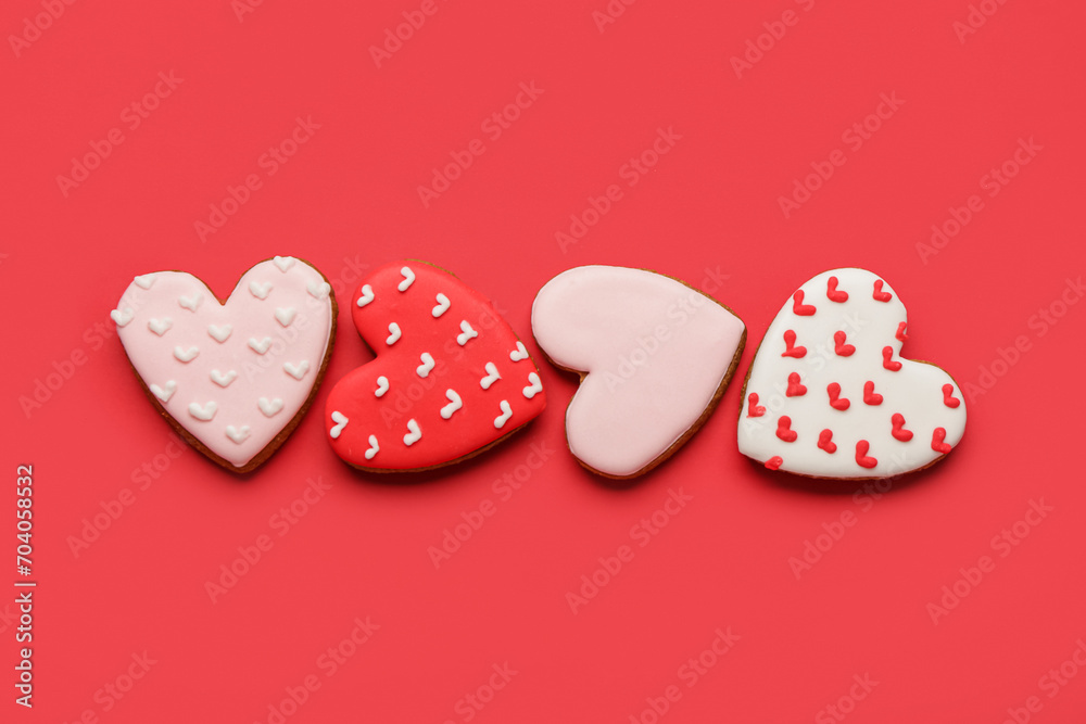 Heart shaped sweet cookies on red background. Valentine's day celebration Heart shaped sweet cookies on red background. Valentine's day celebration