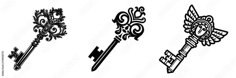 Ancient keys silhouettes set, home security, vector illustration. Ancient keys silhouettes set, home security, vector illustration.