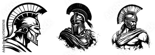 Spartan warrior set, badges with knights, gladiators, logo design for fight clubs, fitness center, gym, vector illustration. 
