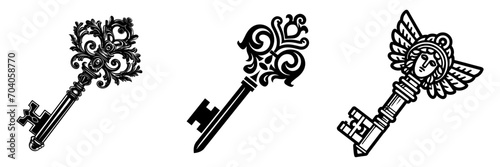 Ancient keys silhouettes set, home security, vector illustration.