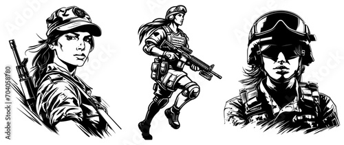 Female soldier silhouette, special forces, vector illustration.