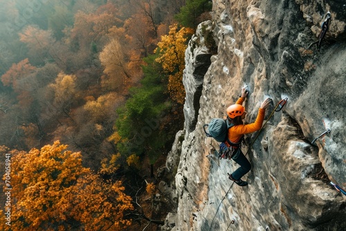 a fit climber climbing a stone wall in nature