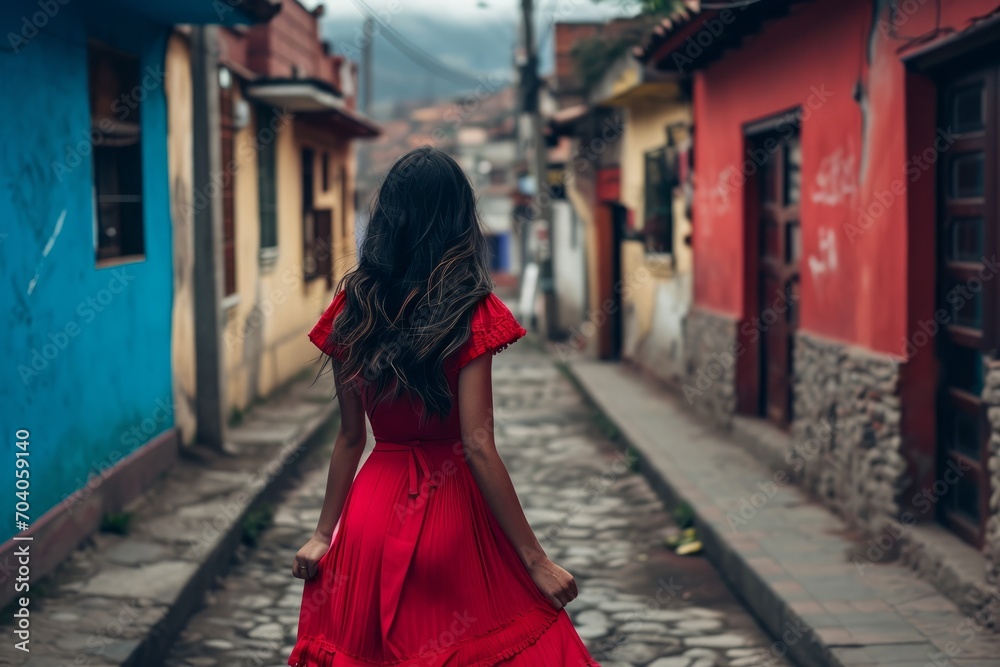 Naklejka premium a young indigenous peruvian woman wearing a red dress in the streets of cusco, peru