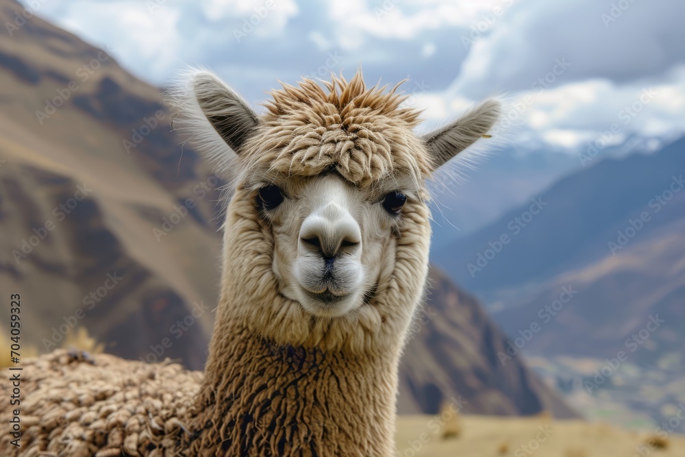Obraz premium a close up shot of an alpaca looking to camera in andes mountains