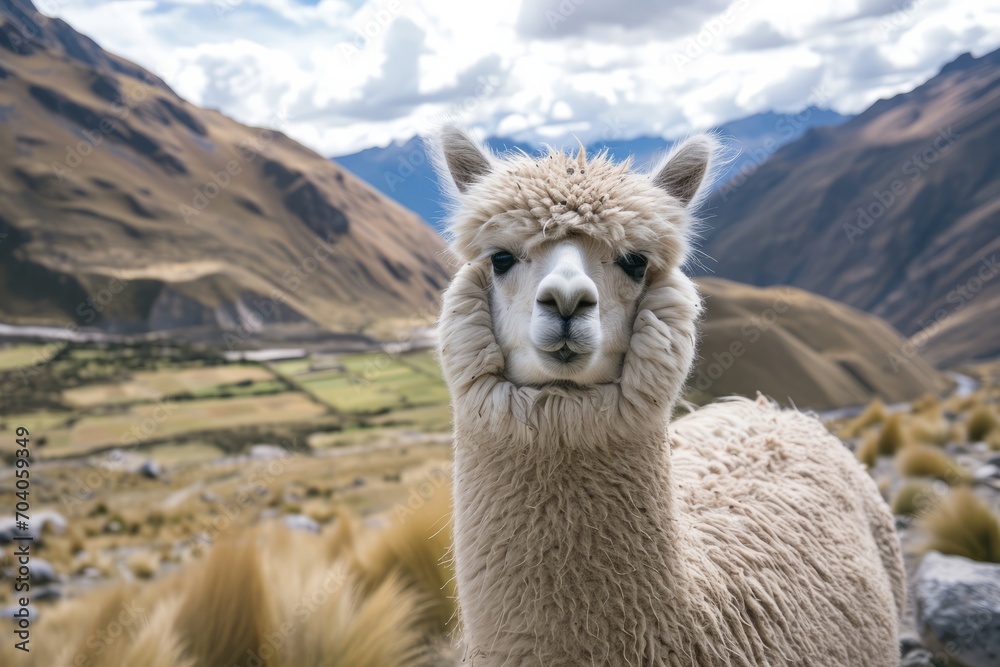 a close up shot of an alpaca looking to camera in andes mountains
