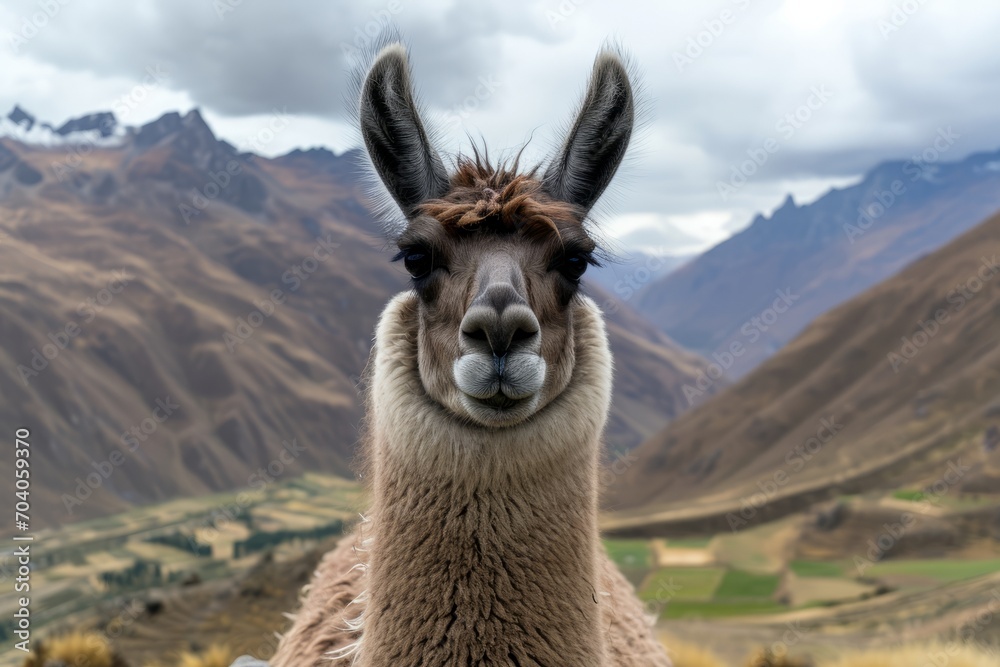 a close up shot of a llama looking to camera in andes mountains