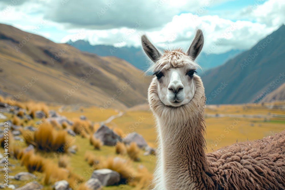 Obraz premium a close up shot of a llama looking to camera in andes mountains