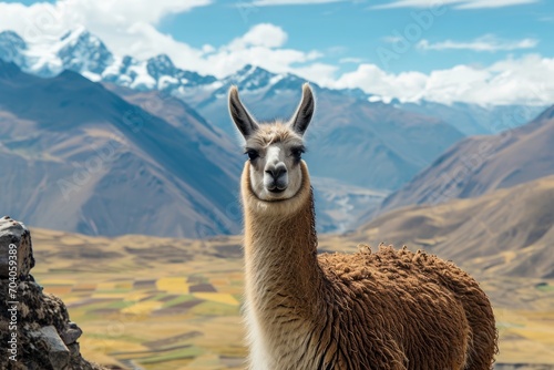 a close up shot of a llama looking to camera in andes mountains photo
