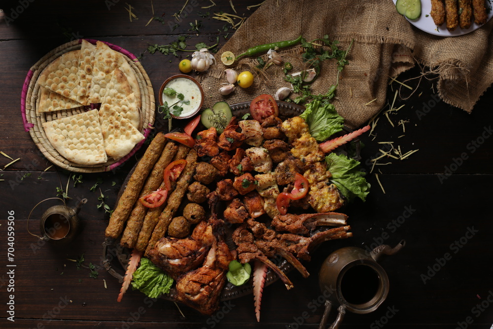 Bar B Q Plater Top view textured background restaurant style. Bar B Q Plater Top view textured background restaurant style.