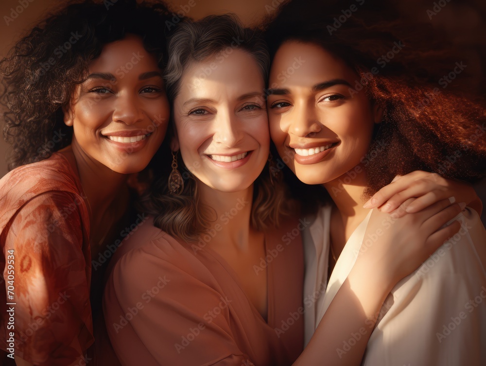 Obraz premium International Women's Day portrait of cheerful multiethnic mixed age range women smiling towards the camera, 