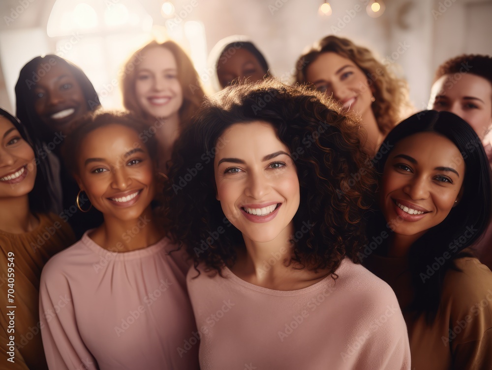 Obraz premium International Women's Day portrait of cheerful multiethnic mixed age range women smiling towards the camera, 
